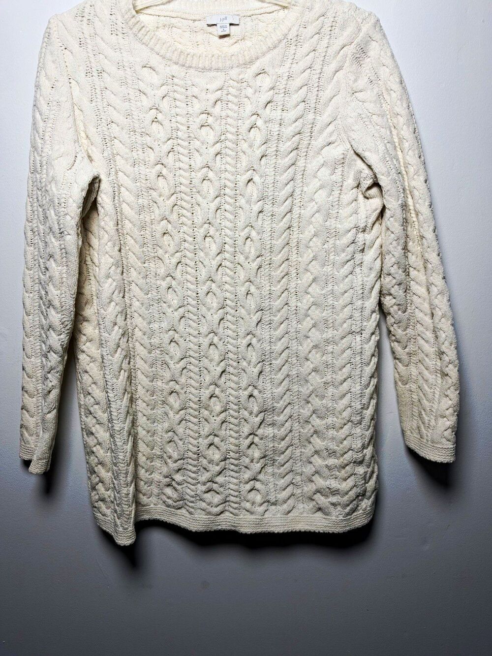 J. Jill Women’s Petite S Ivory Cable Knit Crewneck Long Sleeve Pullover Sweater